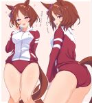  1girl animal_ears ass blush border brown_hair brown_tail buruma commentary_request ear_ornament feet_out_of_frame flower-shaped_pupils heart highres horse_ears horse_girl horse_tail jacket looking_at_viewer okomesuihanki open_mouth pink_eyes red_buruma red_jacket sakura_laurel_(umamusume) short_hair simple_background smile standing symbol-shaped_pupils tail thighs tracen_training_uniform track_jacket translation_request umamusume white_border 