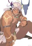  1boy absurdres animal_ears animal_skull bara belly bulge cow_boy cow_ears cow_horns dark-skinned_male dark_skin dichuan_(arriverw) facial_hair feet_out_of_frame fiery_horns forked_eyebrows glowing_horns goatee highres horns jewelry loincloth looking_at_viewer male_focus mismatched_horns muscular muscular_male navel necklace nipples pectorals short_hair sitting solo thick_eyebrows thighs tokyo_afterschool_summoners topless_male tribal unfinished wakan_tanka wakan_tanka_mugen white_hair 