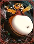  2020 anthro arms_out belly big_belly blush bottomwear clothing dreamworks felid female hi_res kung_fu_panda looking_aside mammal martial_arts_uniform master_tigress milkybody navel obese obese_anthro obese_female one_leg_up open_mouth overweight overweight_anthro overweight_female pantherine pants raised_leg shirt solo spikes sportswear thick_thighs tiger topwear training wide_hips 