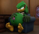 2023 3d_(artwork) accipitrid accipitriform after_vore anthro ask-macro-rookie avian barefoot bird blue_eyes chair digital_media_(artwork) duo feathers feet female furniture green_body green_feathers hand_on_belly hi_res hirundinid jet_the_hawk looking_at_belly male narrowed_eyes on_chair oscine passerine sega sentient_fat sitting sitting_on_chair smile smirk sonic_riders sonic_the_hedgehog_(series) swallow_(bird) tattooification vore wave_the_swallow