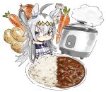  1girl ahoge animal_ears blue_eyes blush bow bowtie carrot chibi closed_mouth curry ear_ornament food grey_hair grey_tail hair_between_eyes hair_ornament hairband highres holding holding_spoon horse_ears horse_girl horse_tail khentaiu long_hair multicolored_hair oguri_cap_(umamusume) onion pleated_skirt potato puffy_short_sleeves puffy_sleeves purple_bow purple_bowtie purple_shirt rice rice_cooker sailor_collar school_uniform shirt short_sleeves skirt solo spoon sweatdrop tail tracen_school_uniform umamusume white_sailor_collar white_skirt 
