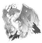  1girl asymmetrical_wings barefoot closed_eyes commentary_request eyes_on_wings facing_away fetal_position fiery_wings greyscale half_mask highres iwanaga_ariya long_sleeves mask mero_(starfish_jcs) monochrome skeletal_clothes skeletal_tail skeletal_wings solo tail toes touhou wings 