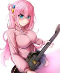  1girl blue_eyes blue_skirt blush bocchi_the_rock! breasts closed_mouth commentary crossed_bangs cube_hair_ornament dilan_griz from_above full_body gotoh_hitori guitar hair_between_eyes hair_ornament highres holding holding_guitar holding_instrument instrument jacket large_breasts long_hair long_sleeves looking_at_viewer one_side_up pink_hair pink_jacket skirt solo taut_clothes taut_jacket track_jacket white_background 