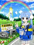  1girl ahoge bag bell bicycle black_eyes blue_hair blue_jacket blush bottle commentary cow drink_carton flower hair_ornament highres jacket looking_at_viewer milk_carton mountainous_horizon original rainbow ribbon road_sign school_bag sign skirt soda_bottle star_(sky) symbol-only_commentary television tree ufo v weeds wheel wolrero 