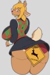  2:3 absurd_res anthro antlers big_breasts big_butt blonde_hair blush blush_stickers bodily_fluids bottomwear breasts brown_body brown_eyes butt butt_focus butt_pose capreoline cervid checkered_clothing clothing curvy_figure deltarune female grey_background hair hi_res horn huge_breasts huge_butt johnmarten looking_back looking_down mammal multicolored_body noelle_holiday open_mouth panties pattern_clothing portrait pose purple_clothing purple_panties purple_underwear raised_tail red_nose reindeer road_sign scut_tail short_tail sign simple_background skirt solo surprise sweat sweatdrop sweater sweater_vest tagme three-quarter_portrait topwear two_tone_body undertale_(series) underwear upskirt vest video_games voluptuous wide_hips 