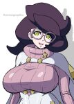  1girl big_hair breasts capelet commentary_request glasses green_eyes high-waist_skirt highres large_breasts long_sleeves mature_female medium_skirt pencil_skirt pink-framed_eyewear pink_sweater pokemon pokemon_sm purple_hair ribbed_sweater serious_graphics short_hair skirt smile solo sweater turtleneck turtleneck_sweater white_capelet white_skirt wicke_(pokemon) 