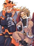  &gt;_o 2boys beard boku_no_hero_academia crossed_legs endeavor_(boku_no_hero_academia) facial_hair fur-trimmed_jacket fur_trim hawks_(boku_no_hero_academia) jacket large_pectorals looking_at_viewer male_focus mature_male miso_(mimimiso) multiple_boys muscular muscular_male one_eye_closed pectorals red_hair scar scar_across_eye scar_on_face short_hair sideburns spiked_hair stroking_beard stubble thick_thighs thighs 
