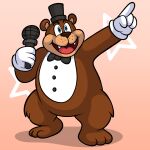 1:1 2025 3_toes 5_fingers anthro balls bear bent_arm black_bow_tie black_top_hat blue_eyes bow_tie brown_bear brown_body brown_eyebrows brown_fur brown_nose button_(fastener) cel_shading clothing colored crispytoastyt digital_drawing_(artwork) digital_media_(artwork) electronics english_description eyebrows fangs feet fingers five_nights_at_freddy's freddy_(fnaf) full-length_portrait fur genitals gesture gloves hand_gesture handwear hi_res holding_microphone holding_object male male_anthro mammal microphone open_mouth open_smile pink_tongue pointing portrait redesign scottgames shaded smile standing star_(shape) straight_arm tan_balls tan_body tan_inner_ear tan_skin teeth toes tongue ursine whiskers white_clothing white_gloves white_handwear