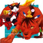  animal animal_on_head bird bird_on_head blue_background boots border cait_sith_(final_fantasy) cape cat chocobo commentary_request copyright_name crown d-maker facial_hair feather_hair_ornament feathers final_fantasy final_fantasy_vii fire flame-tipped_tail gloves hair_between_eyes hair_in_another's_mouth hair_ornament holding holding_megaphone megaphone mini_crown musical_note no_humans on_head open_mouth red_boots red_cape red_xiii scar scar_across_eye scar_on_face sidelocks sitting smile spoken_musical_note tail tuxedo_cat white_border white_gloves yellow_eyes 