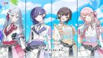  1other 25-ji_nightcord_de._(project_sekai) 3girls akiyama_mizuki anniversary asahina_mafuyu asymmetrical_clothes blue_eyes brown_eyes brown_hair commentary_request finger_to_cheek flag frown grin group_name hair_ornament hairclip hand_on_own_chest highres holding holding_flag kaoruko_(unkrk55) lapels looking_at_viewer multiple_girls official_alternate_costume official_alternate_hairstyle official_art pink_eyes pink_hair project_sekai purple_eyes purple_hair ribbon shinonome_ena sky smile white_hair yoisaki_kanade 