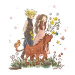  1boy 1girl aerith_gainsborough animal arms_behind_back belt black_gloves blonde_hair blue_pants blue_shirt body_markings bouquet brown_hair cloud_strife commentary_request dated dress final_fantasy final_fantasy_vii fire flame-tipped_tail full_body gloves hair_ribbon highres holding holding_bouquet jacket light_blush long_hair looking_at_another motoyama_masako pants parted_bangs parted_lips pink_dress pink_ribbon ponytail red_jacket red_xiii ribbon shirt short_hair sidelocks signature single_bare_shoulder sketch smile spiked_hair suspenders tail walking 