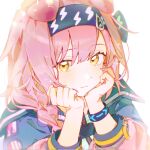  1girl animal_ears arknights closed_mouth cnsmsoup commentary corrupted_twitter_file goldenglow_(arknights) hair_between_eyes hairband hands_on_own_cheeks hands_on_own_face highres infection_monitor_(arknights) jacket light_blush long_sleeves looking_at_viewer pink_hair pink_jacket purple_hairband purple_jacket short_hair simple_background solo sparkle symbol-only_commentary upper_body white_background yellow_eyes 