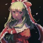 1girl bangs black_background commentary_request dress front_ponytail green_eyes green_hair hair_in_mouth hair_ribbon highres kagiyama_hina long_hair looking_at_viewer mouth_hold red_dress red_ribbon ribbon short_sleeves solo touhou upper_body washman711 