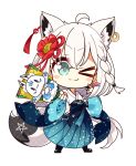  &gt;_o 1girl 7:08 :3 absurdres ahoge animal_ear_fluff animal_ears bangs blush braid chibi commentary_request earrings eyebrows_visible_through_hair flower fox_ears fox_girl fox_tail green_eyes hagoita hair_between_eyes hair_flower hair_ornament hane_(hanetsuki) hanetsuki highres holding hololive japanese_clothes jewelry kimono long_hair looking_at_viewer one_eye_closed paddle pentagram shirakami_fubuki sidelocks single_braid smile sukonbu_(shirakami_fubuki) tail virtual_youtuber white_hair wide_sleeves 