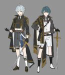  2boys alternate_costume bangs belt black_footwear black_gloves black_legwear black_necktie black_shorts blue_eyes blue_hair chongyun_(genshin_impact) closed_mouth earrings full_body genshin_impact gloves hand_on_hip highres holding holding_weapon jewelry kneehighs light_blue_hair male_focus multiple_boys neckerchief necktie papajay_(jennygin2) rapier shorts simple_background single_earring standing sword symbol-only_commentary vest weapon white_footwear white_legwear white_neckerchief white_shorts xingqiu_(genshin_impact) yellow_eyes 