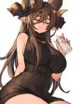  1girl arm_behind_back baby_bottle bangs bare_arms bare_shoulders black_dress black_hair black_sweater blush bottle breasts brown_hair closed_eyes closed_mouth draph dress eyebrows_visible_through_hair facing_viewer galleon_(granblue_fantasy) granblue_fantasy hair_between_eyes holding holding_bottle horns jewelry koretsuki_azuma large_breasts milk multicolored_hair necklace no_bra pointy_ears sideboob simple_background sitting sleeveless sleeveless_sweater smile solo streaked_hair sweater sweater_dress two-tone_hair white_background 