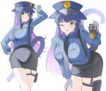  1girl absurdres animal_ears arknights bad_link blue_hair blush breasts cat cat_ears cat_girl cat_tail green_eyes hat_tip highres jessica_(arknights) jessica_the_liberated_(arknights) large_breasts long_hair looking_at_viewer multicolored_hair one_eye_closed police police_badge police_uniform policewoman purple_hair solo spam_(spamham4506) tail thigh_strap two-tone_hair very_long_hair 