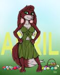  3_fingers 4_toes anthro brown_body brown_fur canid canine clothing dielyelah_(brutusdeagon) dress easter feet female fingers fox fur green_clothing green_dress green_eyes grey_body grey_fur hi_res holidays hybrid lagomorph leporid mammal rabbit solo toes ziegelzeig 