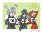  4boys ? aelys77 angeal_hewley animal_collar animal_ears animalization armor belt black_gloves black_hair black_jacket blue_pants blue_shirt border brown_belt brown_hair collar commentary_request crisis_core:_final_fantasy_vii dated dog_boy dog_ears drawing_(object) final_fantasy final_fantasy_vii final_fantasy_vii:_ever_crisis furrowed_brow genesis_rhapsodos gloves green_background grey_hair hair_between_eyes holding holding_drawing jacket laughing looking_at_another male_focus multiple_belts multiple_boys pants parted_bangs pauldrons red_gloves red_jacket sephiroth sephiroth_(ever_crisis) shaded_face shirt short_hair shoulder_armor suspenders tears_of_themis trembling twitter_username upper_body wavy_mouth white_border zack_fair 