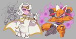  2boys alternate_form android animal_ears armor arms_behind_head arms_up ass black_sclera blush bodysuit bright_pupils caliginousarts cape colored_sclera colored_skin cubit_foxtar_(mega_man) dual_persona fire fox_boy fox_ears furrowed_brow furry furry_male gloves highres humanoid_robot large_penis looking_at_viewer male_focus mega_man_(series) mega_man_zero_(series) mega_man_zero_3 multiple_boys orange_armor penis pink_eyes pink_skin purple_eyes purple_fire red_eyes robot robot_ears short_hair smile testicles trap veins veiny_penis white_bodysuit white_cape white_gloves white_hair white_pupils will-o'-the-wisp_(mythology) zero(z)_(mega_man) zero_(mega_man) 