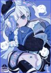  1girl bandaid blue_eyes blue_hair blue_skin blush cat colored_skin cotono_(nazekun) ear_piercing ghost ghost_girl grey_eyes hat highres jiangshi long_sleeves looking_at_viewer original piercing short_shorts shorts sleeves_past_wrists talisman twintails white_skin 