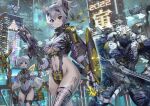  2022 2girls animal_ears animal_print arm_shield armor bangs black_gloves blue_eyes breasts cloak colored_skin eyebrows_visible_through_hair gauntlets gloves grey_hair grey_skin gun holding holding_gun holding_staff holding_weapon leg_tattoo leotard looking_at_viewer mecha medium_breasts multiple_girls navel new_year original science_fiction see-through short_hair shoulder_armor single_gauntlet single_thighhigh small_breasts staff tail tattoo thighhighs tiger_ears tiger_print tiger_tail weapon yoshimoto_(dear_life) 
