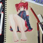  1girl ahoge ashwin_artss bare_legs bare_shoulders barefoot black_panties closed_mouth collared_shirt commentary corrupted_twitter_file detached_sleeves double-parted_bangs drill_hair feet foot_focus foreshortening full_body hair_between_eyes highres kasane_teto knees_up legs miniskirt nail_polish outline panties pencil photoshop_(medium) pleated_skirt red_eyes red_hair red_nails shirt sitting skirt sleeveless sleeveless_shirt smile toenail_polish toenails toes traditional_media twin_drills underwear utau white_outline 