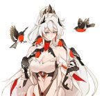  1girl animal bare_shoulders bird blue_eyes breasts cleavage closed_mouth cloud_ya gauntlets hair_ornament highres honkai_(series) honkai_impact_3rd kiana_kaslana kiana_kaslana_(herrscher_of_flamescion) large_breasts navel signature silver_hair solo stomach tied_hair 