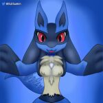  animated anthro black_body black_fur blubluumon blue_body blue_fur breasts canid canine fangs female fur happy lucario mammal nintendo pok&eacute;mon pok&eacute;mon_(species) red_eyes smile smiling_at_viewer solo tail_motion tailwag video_games wants_a_hug 