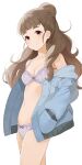  1girl bangs bare_shoulders blue_jacket blunt_bangs bow bow_bra bow_panties bra braid breasts brown_hair cleavage closed_mouth commentary dot_nose hair_bun hand_in_pocket highres hiroki_(yyqw7151) idolmaster idolmaster_cinderella_girls jacket kamiya_nao light_smile long_hair long_sleeves looking_at_viewer navel no_pants open_clothes open_jacket panties pocket purple_bra purple_panties simple_background solo thick_eyebrows thighs underwear white_background 