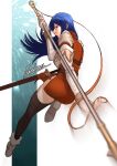  1girl :o action ass attack bangs black_legwear blue_eyes blue_hair caeda_(fire_emblem) dress fire_emblem fire_emblem:_mystery_of_the_emblem fire_emblem_heroes highres holding holding_weapon incoming_attack long_hair looking_at_viewer looking_back motion_blur nanbu_yasumi open_mouth pegasus_knight_uniform_(fire_emblem) polearm sheath sheathed short_dress side_slit signature solo spear speed_lines sword thighhighs weapon zettai_ryouiki 
