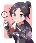  ! 1girl animification apex_legends bangs black_bodysuit black_gloves black_scarf blue_eyes bodysuit breasts eating eyebrows_visible_through_hair gloves hair_bun highres leaning_forward looking_down medium_breasts mochi nawoichi parted_bangs scarf solo spoken_exclamation_mark upper_body wraith_(apex_legends) 
