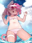 1girl :3 :d amagaeru_(hylathewet) animal_ear_fluff animal_ears bikini blue_archive blue_sky bow bow_choker cat_ears cat_girl cat_tail chlorella_observation_club_member_(blue_archive) chlorella_observation_club_member_(swimsuit)_(blue_archive) choker cloud commentary_request extra_ears faceless faceless_female flat_chest hair_bobbles hair_ornament hair_over_eyes highres in_water legband multicolored_bikini navel no_halo official_alternate_costume one-piece_tan open_mouth pink_bikini pink_hair short_hair side-tie_bikini_bottom sky smile solo striped_bikini striped_clothes swimsuit tail tan tanlines two-tone_bikini two_side_up visor_cap water white_bikini white_choker 