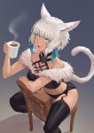  1girl animal_ears black_legwear black_panties blind cat_ears cat_tail chair coffee facial_mark final_fantasy final_fantasy_xiv fur_trim garter_belt highres jrajazon lingerie looking_at_viewer miqo&#039;te neck_tattoo panties sitting solo tail tattoo thighhighs underwear whisker_markings y&#039;shtola_rhul 