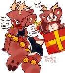 2025 anthro bell black_minishorts brown_body brown_eyes brown_fur butt cheek_tuft chest_tuft collar colored_sketch deer digital_drawing_(artwork) digital_media_(artwork) ear_piercing ear_ring english_text facial_tuft fingers fur head_tuft hi_res hooved_fingers hooved_toes hooves looking_at_viewer male mammal one_leg_up open_mouth piercing presenting presenting_hindquarters raised_leg red_collar red_nose ring_piercing short_tail simple_background sketch solo tail talking_to_viewer text tuft white_background winteriris42