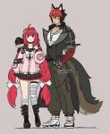  1boy 1girl absurdres animal_ear_fluff animal_ear_piercing animal_ears bandaged_arm bandages black_hair black_jacket black_sailor_collar blue_thighhighs blush boots braid braided_twintails brown_boots cardigan cargo_pants chest_bow closed_mouth collarbone crossed_bangs dog_boy dog_ears dog_tail green_eyes green_pants grey_background hair_between_eyes hair_ornament hand_in_pocket highres jacket kamanosuke_(zenless_zone_zero) komano_manato long_hair looking_at_viewer loose_thighhigh multicolored_hair multicolored_thighhighs multiple_scars pants pink_cardigan popochi_fuwa raccoon red_bandage red_eyes red_hair sailor_collar scar scar_across_eye scar_on_chest scar_on_face shirt shoes short_hair simple_background sphere_hair_ornament spiked_jacket standing striped_clothes striped_thighhighs tail tanuki thighhighs two-tone_thighhighs ukinami_yuzuha v-shaped_eyebrows white_shirt white_shoes white_thighhighs zenless_zone_zero 