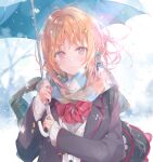  1girl bangs blush hair_ornament hairclip long_sleeves looking_at_viewer orange_eyes orange_hair original pulp_piroshi scarf school_uniform short_hair umbrella winter_clothes 