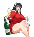  1girl 2026 :o alcohol artist_logo artist_name bare_legs bare_shoulders black_hair blush bottle breasts champagne collarbone commentary crack cracked_wall cup dress drunk earrings english_commentary gold_earrings hair_between_eyes hair_bun hairband happy_new_year holding holding_cup jewelry jk_arts large_breasts logo long_hair looking_at_viewer off-shoulder_sweater off_shoulder open_mouth red_eyes red_sweater ribbed_sweater sidelocks simple_background sitting sleeves_past_wrists solo spy_x_family sweater sweater_dress thick_thighs thighs twitter_username white_background white_hairband yor_briar 