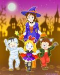  2boys 2girls ^_^ animal_ear_hairband animal_ears animal_hands arm_up artist_name bat_wings belt belt_buckle black_belt black_cape black_choker black_eyes black_hair black_shoes blonde_hair blue_eyes boots bow bow_hairband brown_eyes brown_hair brown_shoes buckle cape child choker closed_eyes commentary_request corrupted_twitter_file dated dress fake_animal_ears fake_snout fake_wings fangs fraw_bow full_moon gloves green_jacket grey_thighhighs gundam hairband halloween halloween_costume hands_up hat hat_bow highres holding holding_wand jacket katz_howan kikka_kitamoto letz_cofan looking_at_viewer mizutani_kenta mobile_suit_gundam moon multiple_boys multiple_girls mummy_costume night open_mouth orange_boots orange_bow orange_gloves outdoors overalls paw_gloves purple_dress purple_hat red_bow red_cape red_hairband red_overalls shirt shoes skull_choker smile standing thighhighs torn_clothes torn_dress two-sided_cape two-sided_fabric vampire_costume walking wand werewolf_costume white_gloves wings witch_hat wolf_ears yellow_shirt 