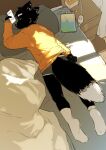  2022 absurd_res anthro bed black_body black_fur canid canine cellphone cheek_tuft clothing dipstick_tail eyes_closed facial_tuft footwear fox fur furniture grey_clothing grey_underwear hi_res holding_cellphone holding_object holding_phone holding_smartphone inner_ear_fluff kemono lying lying_on_bed male mammal markings milkytiger1145 on_bed on_front phone pillow smartphone socks solo sweater tail_markings topwear tuft underwear white_clothing white_footwear white_socks yellow_clothing yellow_sweater yellow_topwear 