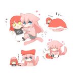  1girl :d animal_ears blue_eyes blush blush_stickers bocchi_the_rock! cat_ears cat_girl cat_tail character_doll chibi chibi_only commentary_request cube_hair_ornament doll dual_persona gotoh_hitori gotoh_hitori_(tsuchinoko) grey_skirt hair_between_eyes hair_ornament hat jacket kemonomimi_mode kessoku_band_t-shirt kita_ikuyo long_hair one_side_up open_mouth pants pants_under_skirt pink_hair pink_jacket pink_pants pleated_skirt rebecca_(keinelove) red_hat simple_background skirt smile tail track_jacket translation_request white_background 