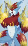  absurd_res anthro bandai_namco clothing digimon digimon_(species) digital_media_(artwork) doggomeatball fangs featureless_crotch female flamedramon hi_res navel open_mouth red_eyes simple_background solo spread_legs spreading text url 