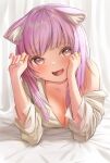  1girl :3 animal_ear_fluff animal_ears bangs bare_shoulders bed blush breasts cat_ears cat_girl cleavage detached_sleeves ear_cleaning eyebrows_visible_through_hair fang fangs glint hair_between_eyes highres hololive looking_at_viewer lying mimikaki nekomata_okayu on_stomach open_mouth partially_unbuttoned purple_eyes purple_hair short_hair skin_fang smile solo user_essc4555 virtual_youtuber 