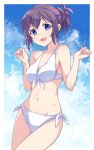  1girl :d bangs bare_arms bare_shoulders bikini black_hair blue_eyes blue_sky blush breasts cleavage cloud cloudy_sky day e20 eyebrows_visible_through_hair front-tie_bikini front-tie_top groin hair_bun hands_up highres medium_breasts navel original ponytail side-tie_bikini sidelocks sky smile solo swimsuit white_bikini 