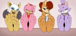  4_toes amy_rose anthro archie_comics blaze_the_cat blue_eyes clothing feet feet_up female first_person_view foot_focus group looking_at_viewer one_eye_closed paws rouge_the_bat sally_acorn sega smile smirk soles sonic_the_hedgehog_(archie) sonic_the_hedgehog_(comics) sonic_the_hedgehog_(series) toe_curl toes topwear wink wtfeather 