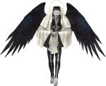  1boy absurdres adam's_apple angel angel_wings black_hair black_nails black_wings blue_eyes blue_lips colored_skin demon_(megami_tensei) feathered_wings full_body grey_skin halo highres kazuma_kaneko looking_at_viewer male_focus mask mastema_(megami_tensei) nail_polish official_art own_hands_together pantyhose pectorals photoshop_(medium) shin_megami_tensei shin_megami_tensei:_strange_journey simple_background smirk solo third-party_source transparent_background wings 