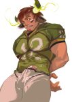  1boy absurdres american_football_uniform animal_ears arms_behind_back bara bdsm between_pectorals blush bondage bound brown_eyes brown_hair bulge cow_boy cow_ears cow_horns cowboy_shot cum cum_on_clothes dichuan_(arriverw) erection erection_under_clothes facial_hair fiery_horns forked_eyebrows glowing_horns goatee green_shirt highres horns large_pectorals looking_at_viewer male_focus muscular muscular_male pectorals penis penis_peek restrained shirt short_hair short_sleeves solo sportswear thick_eyebrows thick_thighs thighs tight tight_shirt tokyo_afterschool_summoners wakan_tanka 