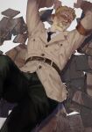  1boy armband arms_up black_necktie black_pants blonde_hair book brown_jacket facial_hair feet_out_of_frame glowing glowing_eyes goatee jacket lying male_focus marley_military_uniform military military_uniform mrs.yega_(nai0026er) necktie on_back pants reiner_braun shingeki_no_kyojin short_hair sideburns solo uniform 