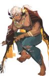  1boy absurdres animal_ears bara bare_pectorals barefoot blush brown_eyes brown_hair cloak cow_boy cow_ears cow_horns dark-skinned_male dark_skin dichuan_(arriverw) facepaint facial_hair fiery_horns forked_eyebrows full_body glowing_horns goatee highres horns jewelry looking_at_viewer male_focus mismatched_horns muscular muscular_male necklace nipples pants pectorals short_hair sitting solo thick_eyebrows tokyo_afterschool_summoners torn_clothes torn_pants unfinished wakan_tanka wakan_tanka_mugen white_background 