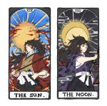  2boys bangs black_hair closed_mouth earrings full_moon highres holding holding_sword holding_weapon japanese_clothes jewelry katana kimetsu_no_yaiba long_hair looking_at_viewer male_focus moon multicolored_hair multiple_boys papajay_(jennygin2) parted_lips ponytail red_eyes red_hair sheath simple_background sun sword tarot the_moon_(tarot) the_sun_(tarot) tsugikuni_michikatsu tsugikuni_yoriichi very_long_hair weapon wide_sleeves 